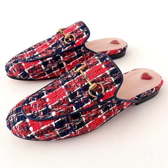 Gucci Shoes - GUCCI || Princetown Red Blue Tweed Horsebit Loafer Mule Slipper Flat US 6.5